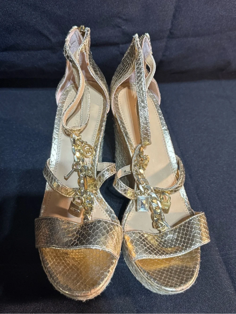 MICHAEL Michael Kors Gold Textured Chain-Accent Wedge Sandals